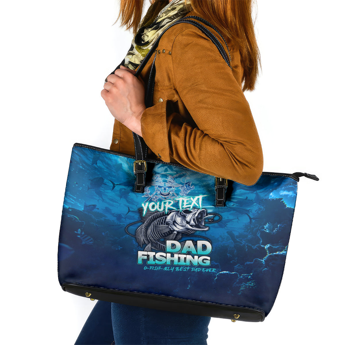 Personalized Father's Day Dad Fishing Skull Fisherman Leather Tote Bag O Fish Ally Best Dad Ever - Wonder Print Shop