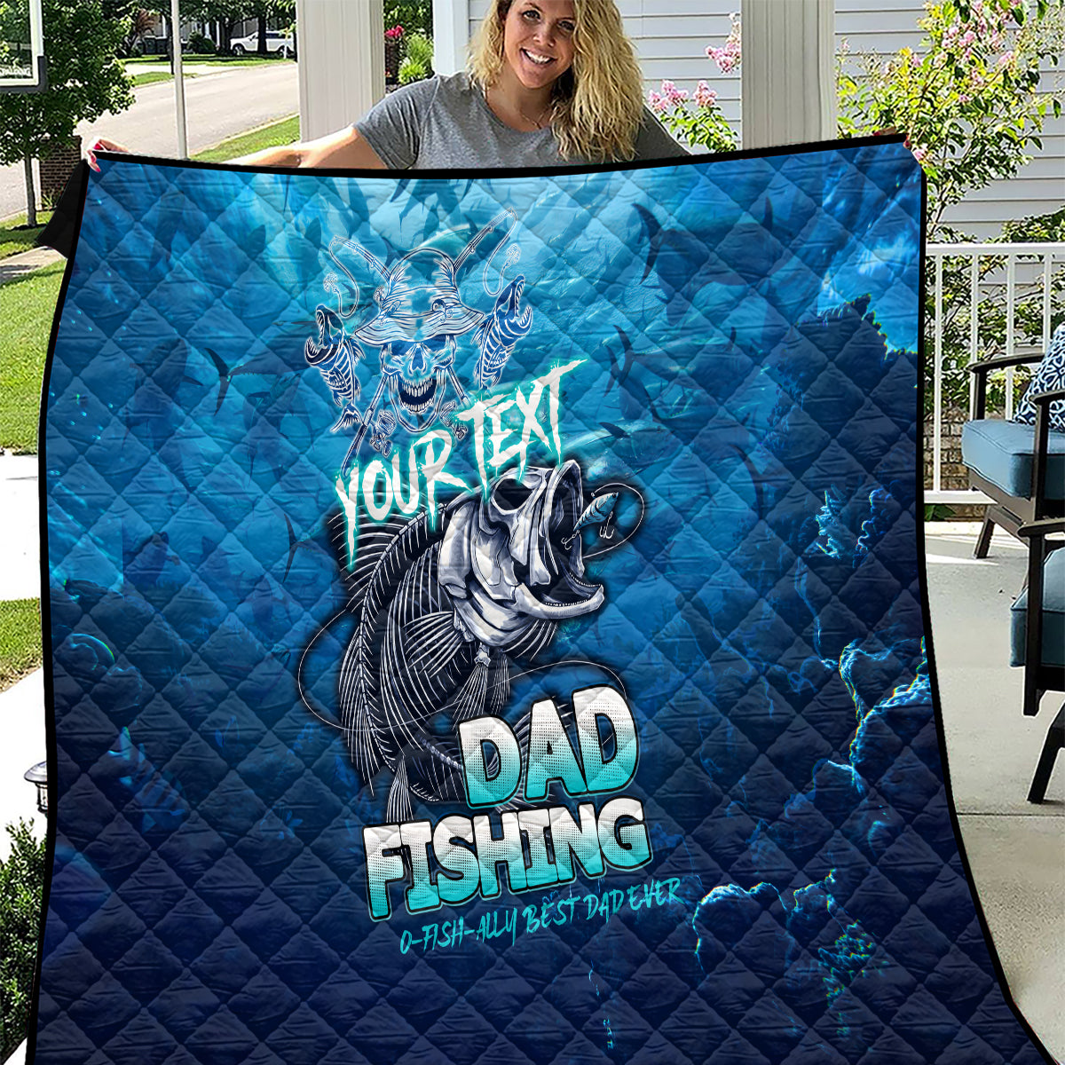 Personalized Father's Day Dad Fishing Skull Fisherman Quilt O Fish Ally Best Dad Ever