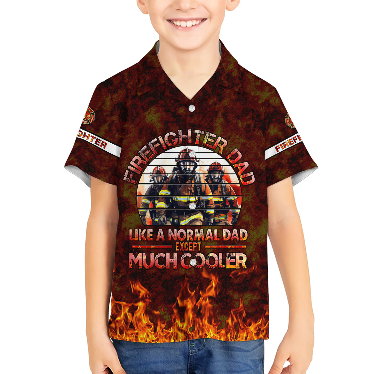 Father and Kids Firefighter Kid Hawaiian Shirt Like A Normal Dad - Wonder Print Shop