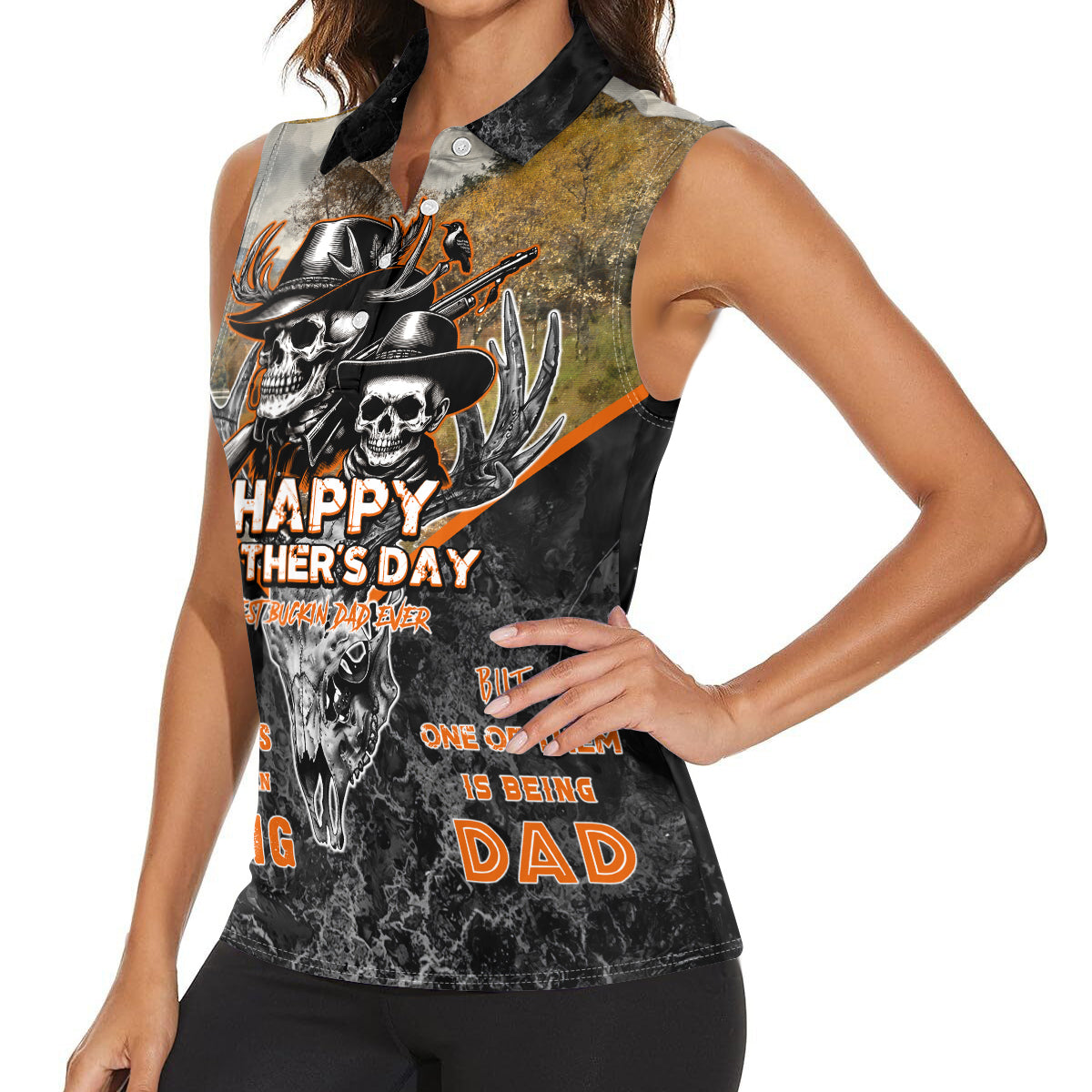 Father's Day Skull Deer Hunting Women Sleeveless Polo Shirt Best Buckin Dad Ever - Wonder Print Shop