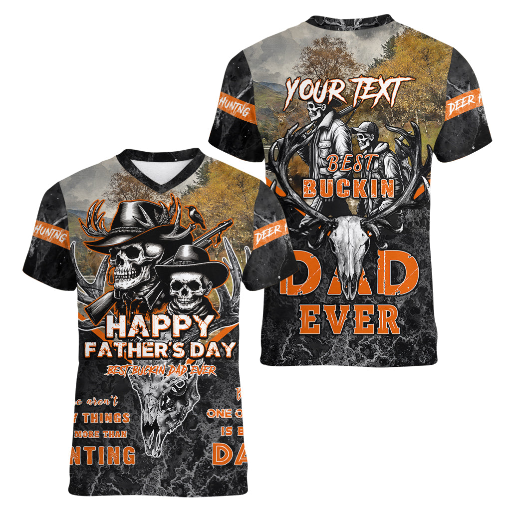 Father's Day Skull Deer Hunting Women V-Neck T-Shirt Best Buckin Dad Ever - Wonder Print Shop