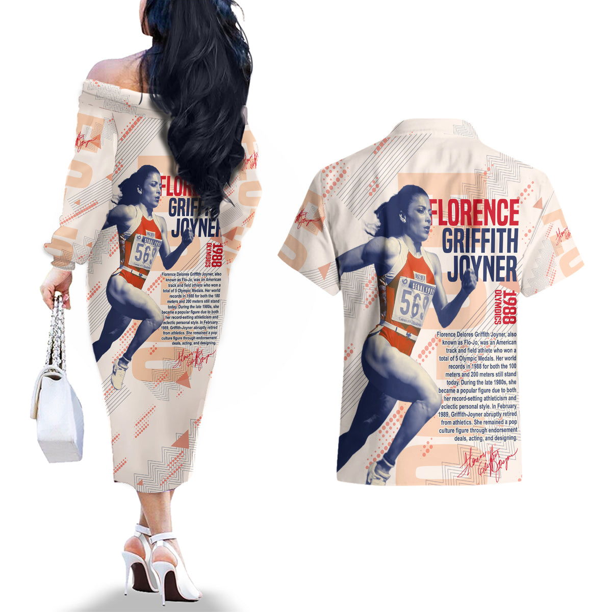 The Phenomenal Woman Flo-Jo Couples Matching Off The Shoulder Long Sleeve Dress and Hawaiian Shirt 1988 - Wonder Print Shop