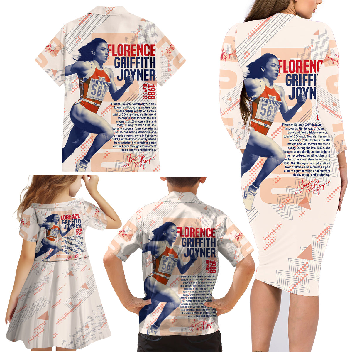 The Phenomenal Woman Flo-Jo Family Matching Long Sleeve Bodycon Dress and Hawaiian Shirt 1988 - Wonder Print Shop