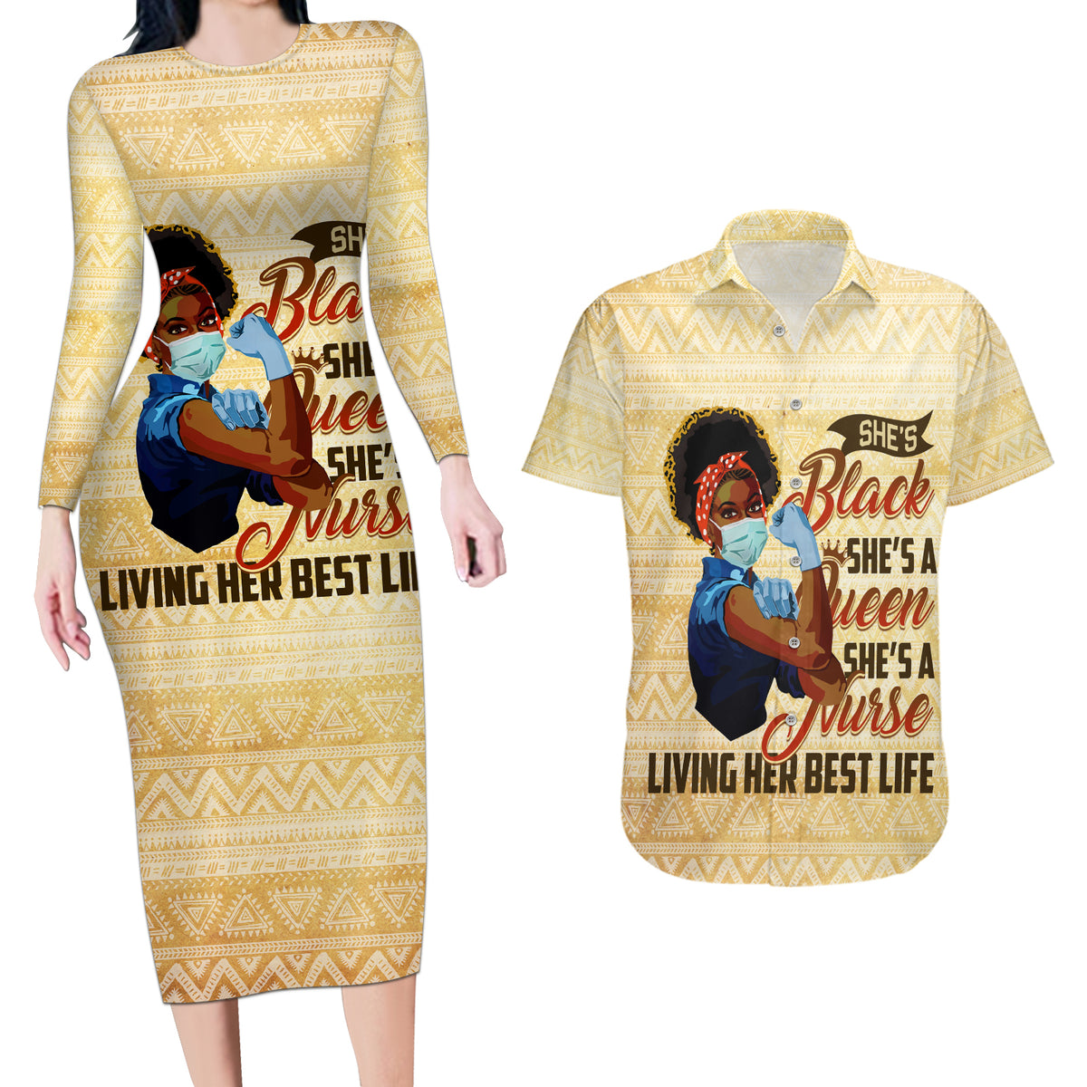 Afro Nurses Couples Matching Long Sleeve Bodycon Dress and Hawaiian Shirt Black Queen African - Wonder Print Shop