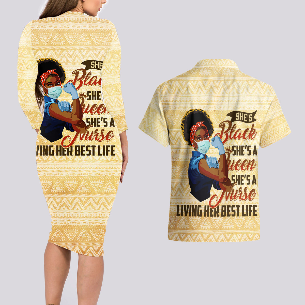 Afro Nurses Couples Matching Long Sleeve Bodycon Dress and Hawaiian Shirt Black Queen African - Wonder Print Shop