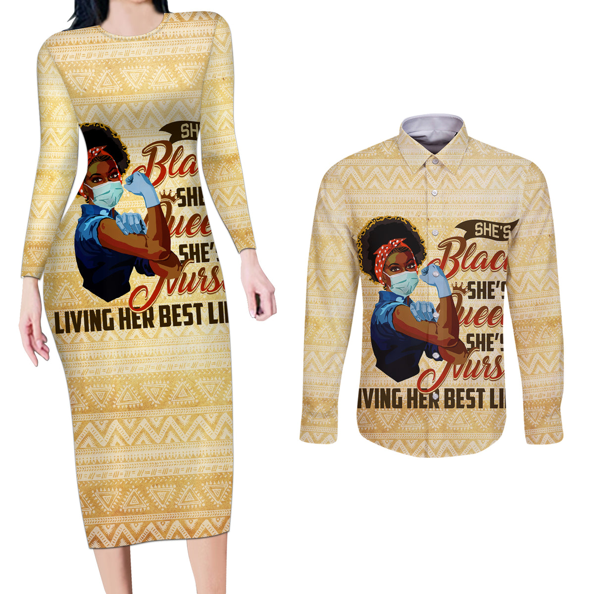 Afro Nurses Couples Matching Long Sleeve Bodycon Dress and Long Sleeve Button Shirt Black Queen African - Wonder Print Shop