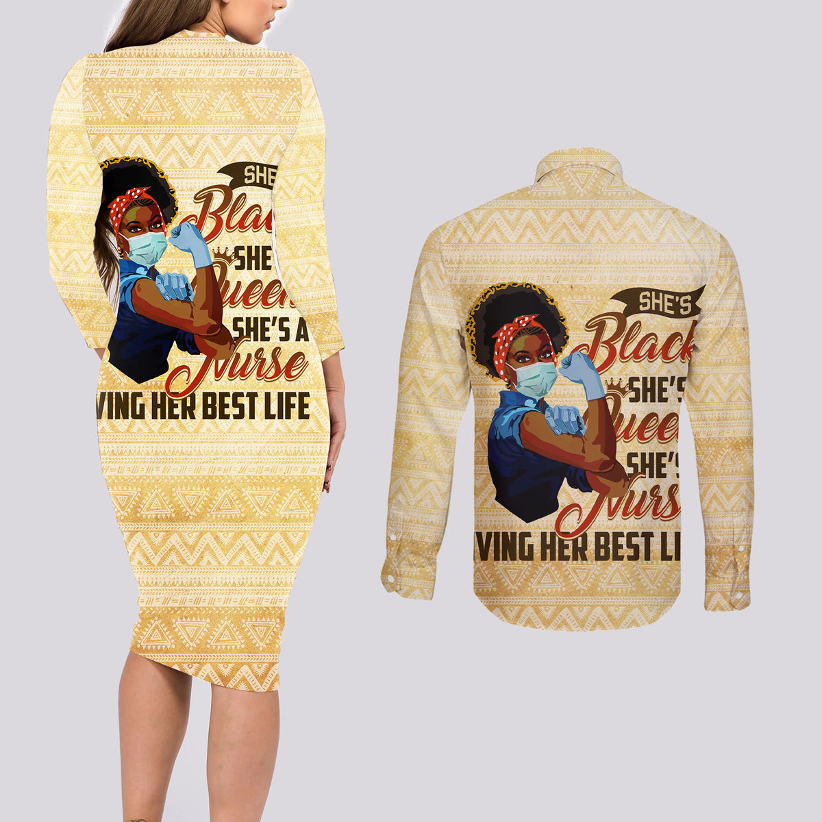 Afro Nurses Couples Matching Long Sleeve Bodycon Dress and Long Sleeve Button Shirt Black Queen African - Wonder Print Shop