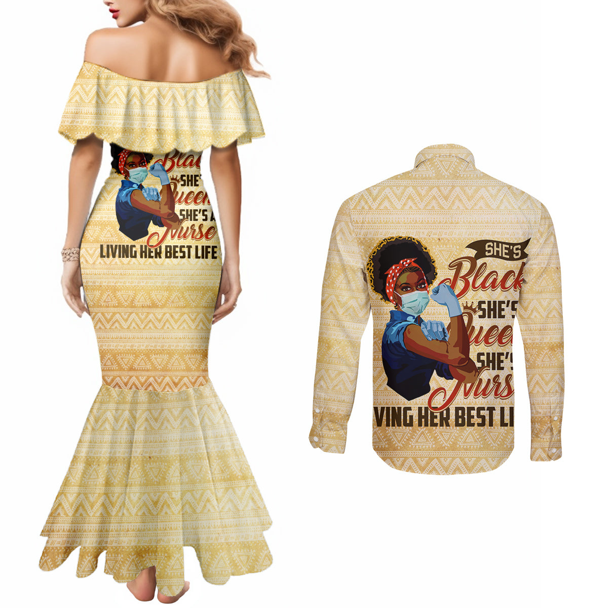 Afro Nurses Couples Matching Mermaid Dress and Long Sleeve Button Shirt Black Queen African