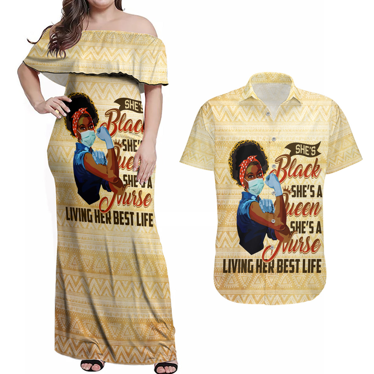 Afro Nurses Couples Matching Off Shoulder Maxi Dress and Hawaiian Shirt Black Queen African - Wonder Print Shop