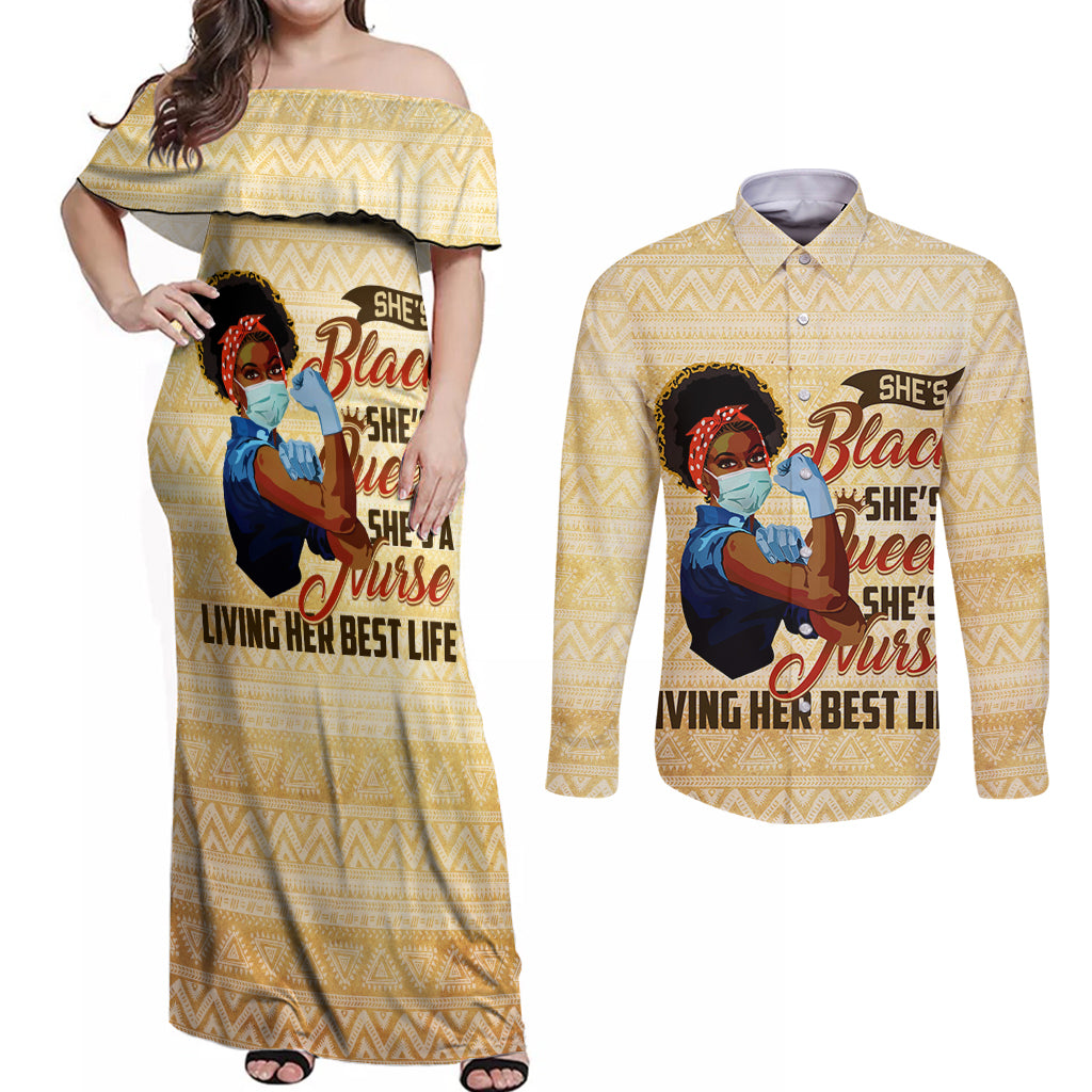 Afro Nurses Couples Matching Off Shoulder Maxi Dress and Long Sleeve Button Shirt Black Queen African - Wonder Print Shop
