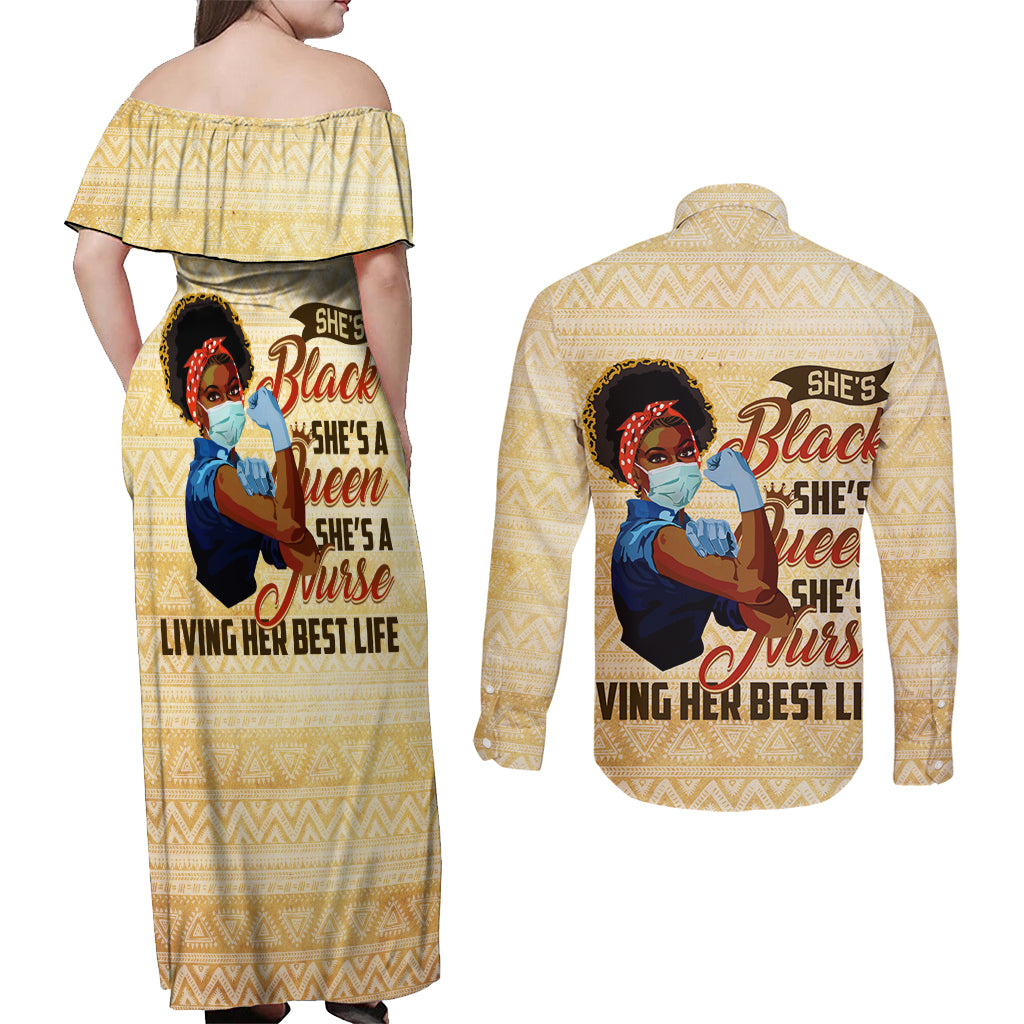 Afro Nurses Couples Matching Off Shoulder Maxi Dress and Long Sleeve Button Shirt Black Queen African - Wonder Print Shop