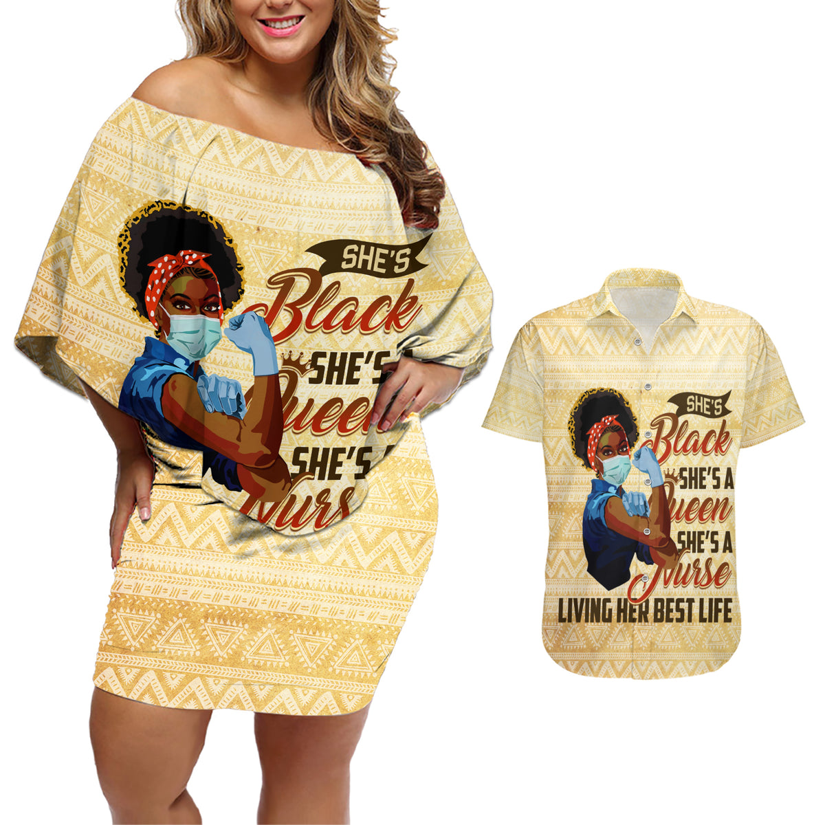 Afro Nurses Couples Matching Off Shoulder Short Dress and Hawaiian Shirt Black Queen African - Wonder Print Shop
