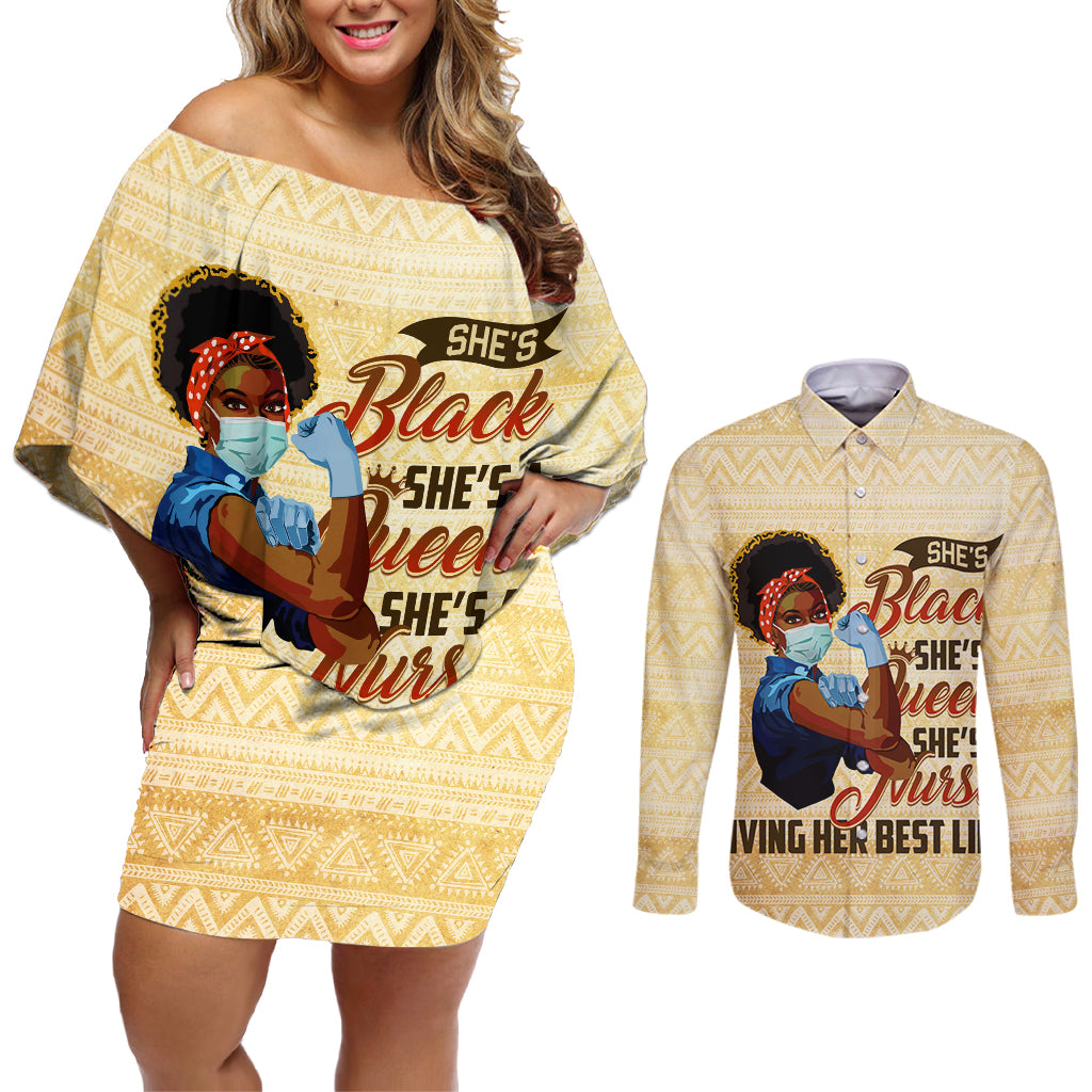 Afro Nurses Couples Matching Off Shoulder Short Dress and Long Sleeve Button Shirt Black Queen African - Wonder Print Shop