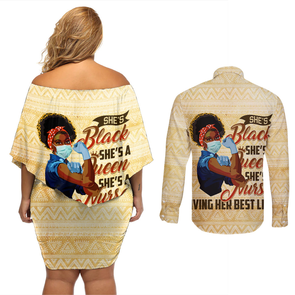 Afro Nurses Couples Matching Off Shoulder Short Dress and Long Sleeve Button Shirt Black Queen African - Wonder Print Shop