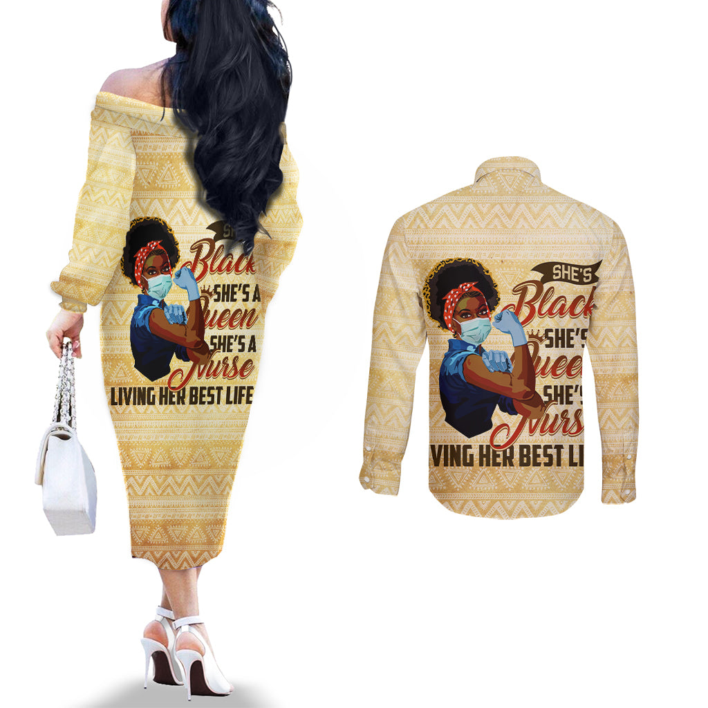 Afro Nurses Couples Matching Off The Shoulder Long Sleeve Dress and Long Sleeve Button Shirt Black Queen African