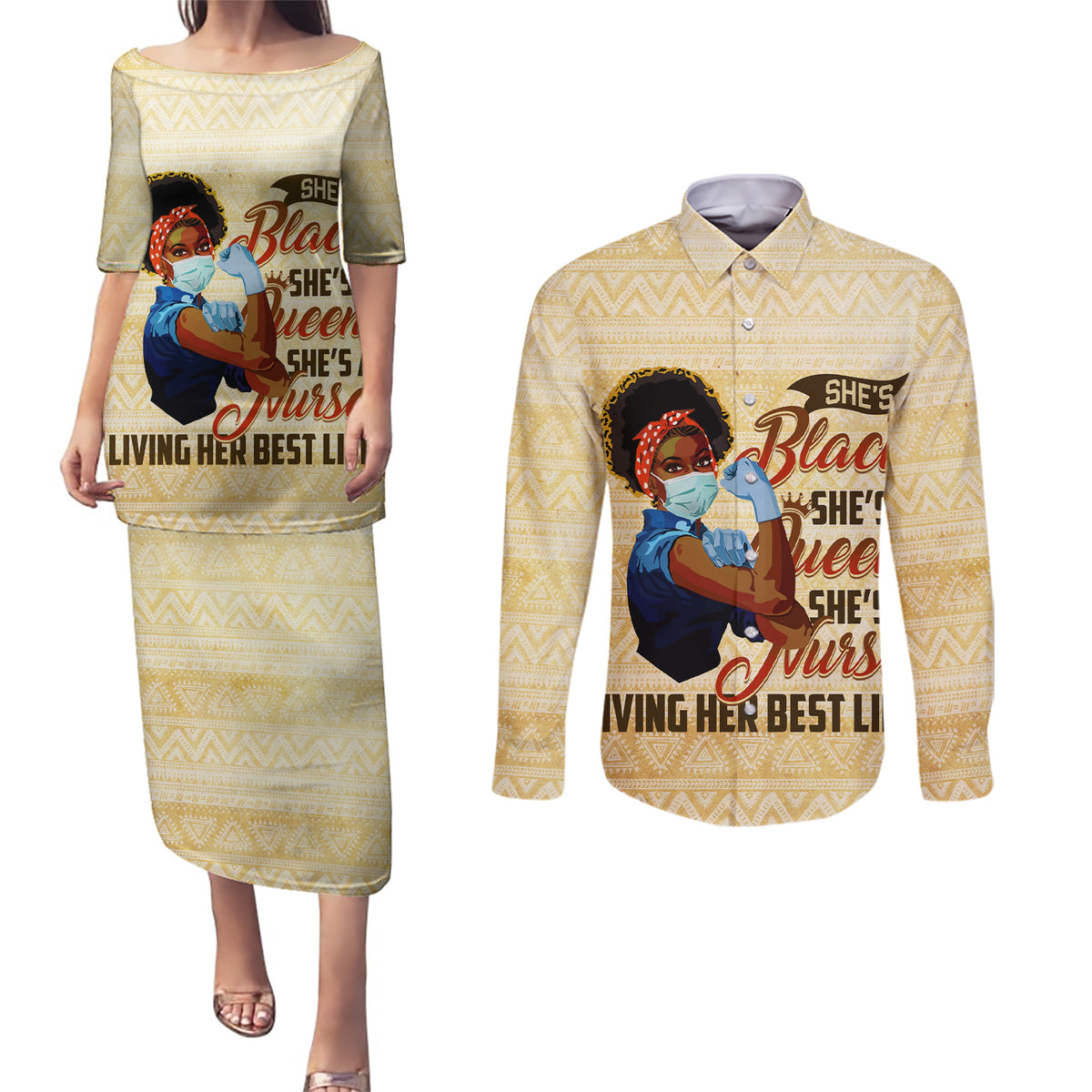 Afro Nurses Couples Matching Puletasi and Long Sleeve Button Shirt Black Queen African - Wonder Print Shop