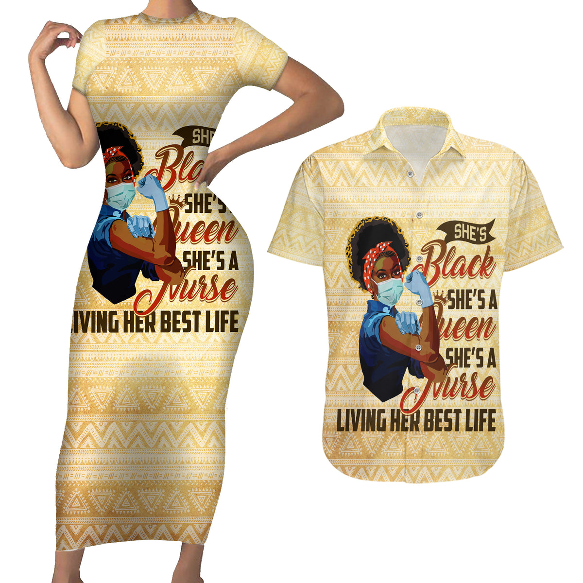 Afro Nurses Couples Matching Short Sleeve Bodycon Dress and Hawaiian Shirt Black Queen African - Wonder Print Shop