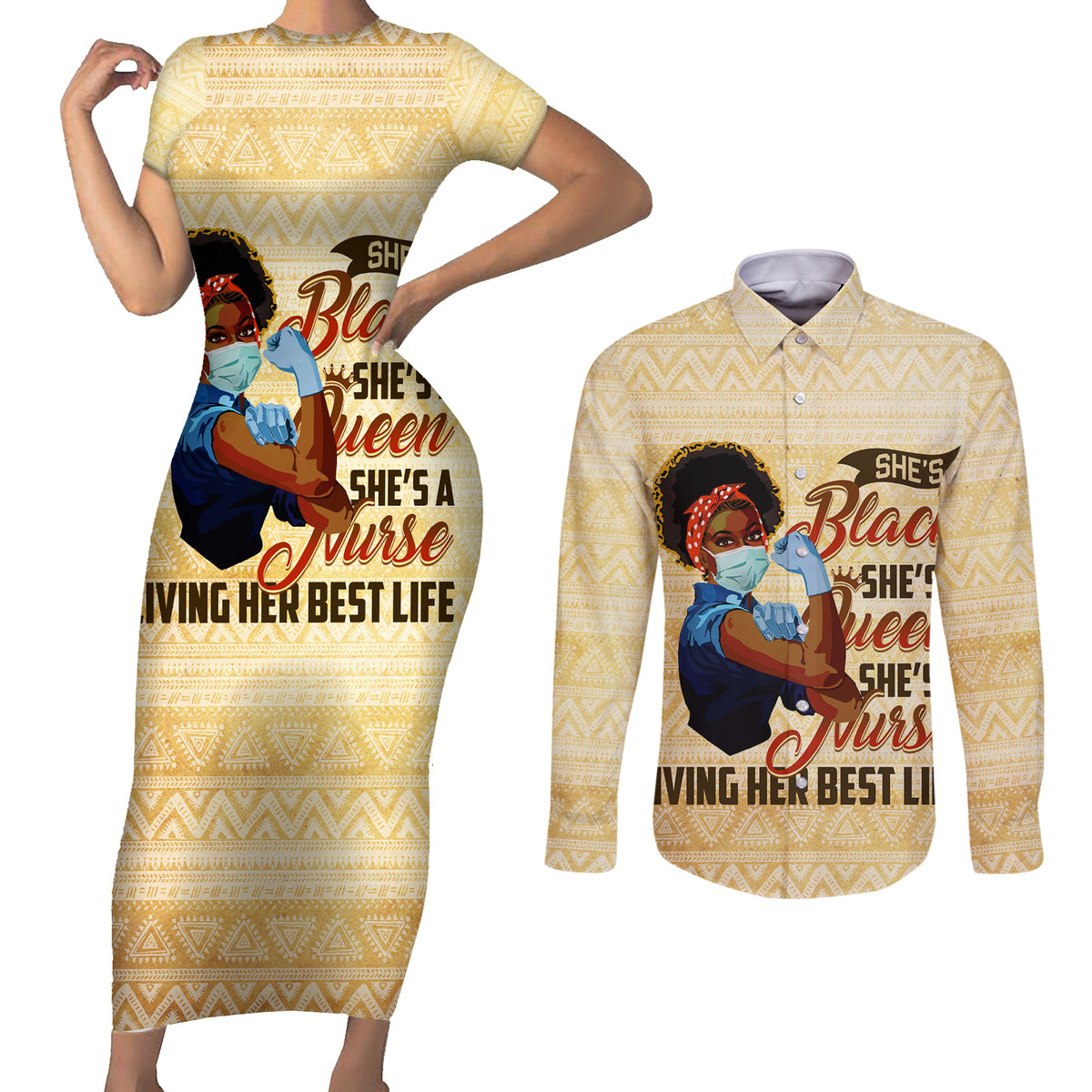 Afro Nurses Couples Matching Short Sleeve Bodycon Dress and Long Sleeve Button Shirt Black Queen African - Wonder Print Shop