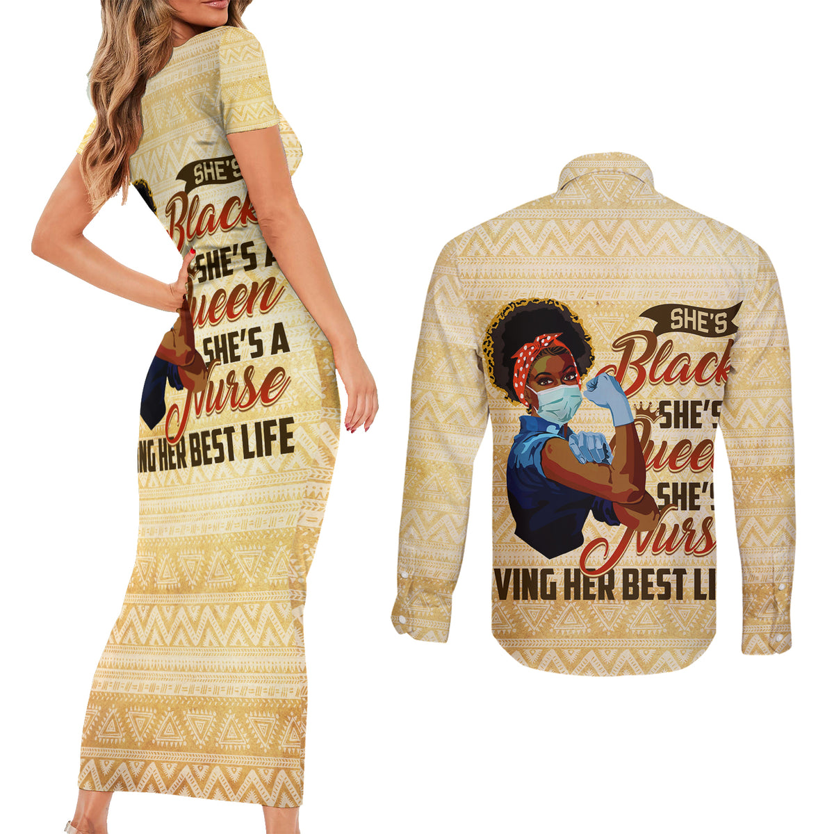 Afro Nurses Couples Matching Short Sleeve Bodycon Dress and Long Sleeve Button Shirt Black Queen African - Wonder Print Shop