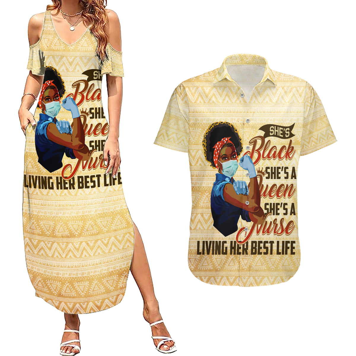 Afro Nurses Couples Matching Summer Maxi Dress and Hawaiian Shirt Black Queen African - Wonder Print Shop