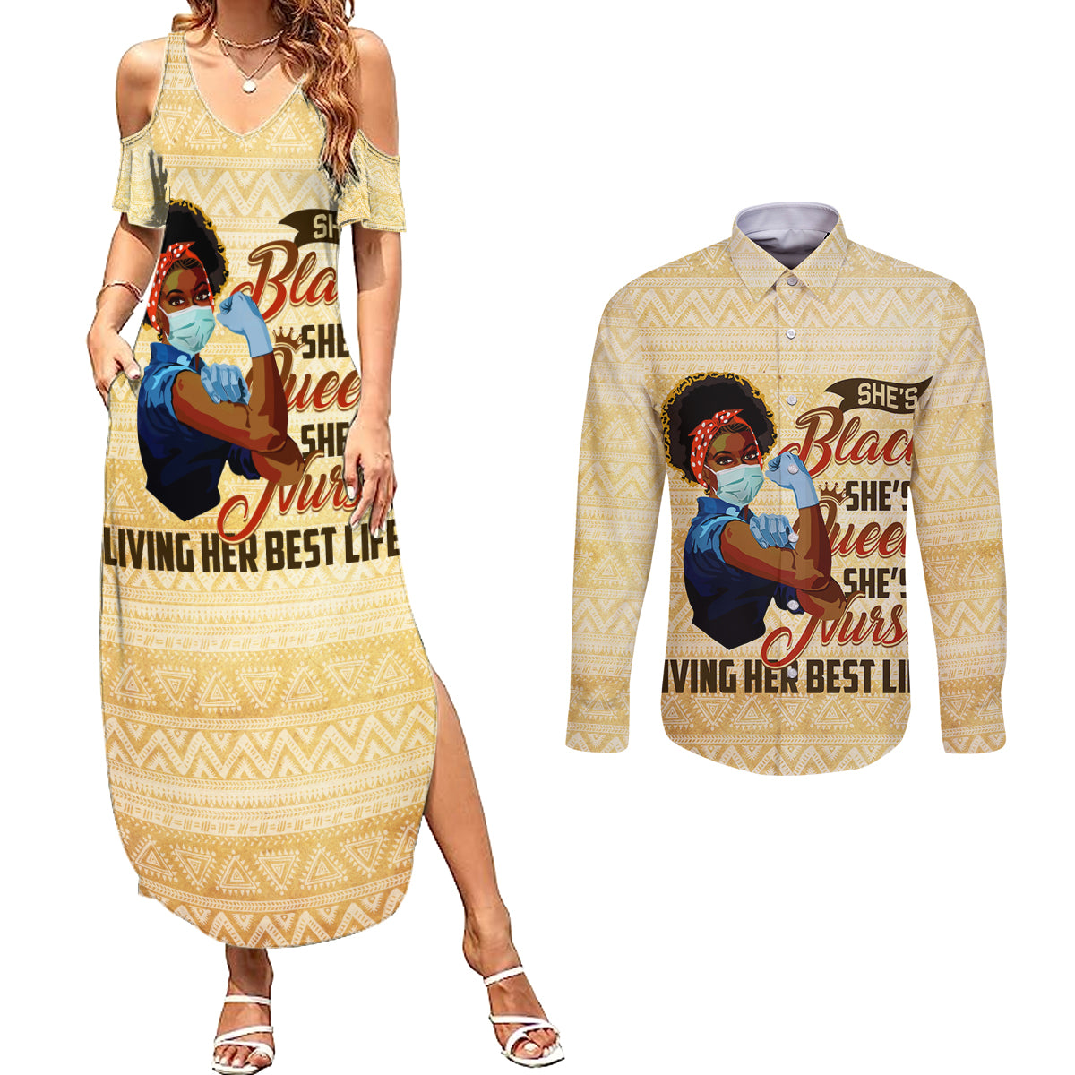 Afro Nurses Couples Matching Summer Maxi Dress and Long Sleeve Button Shirt Black Queen African - Wonder Print Shop