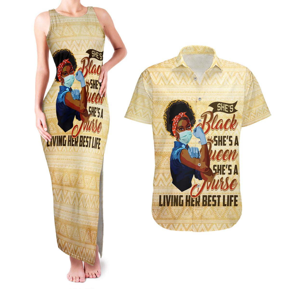 Afro Nurses Couples Matching Tank Maxi Dress and Hawaiian Shirt Black Queen African - Wonder Print Shop