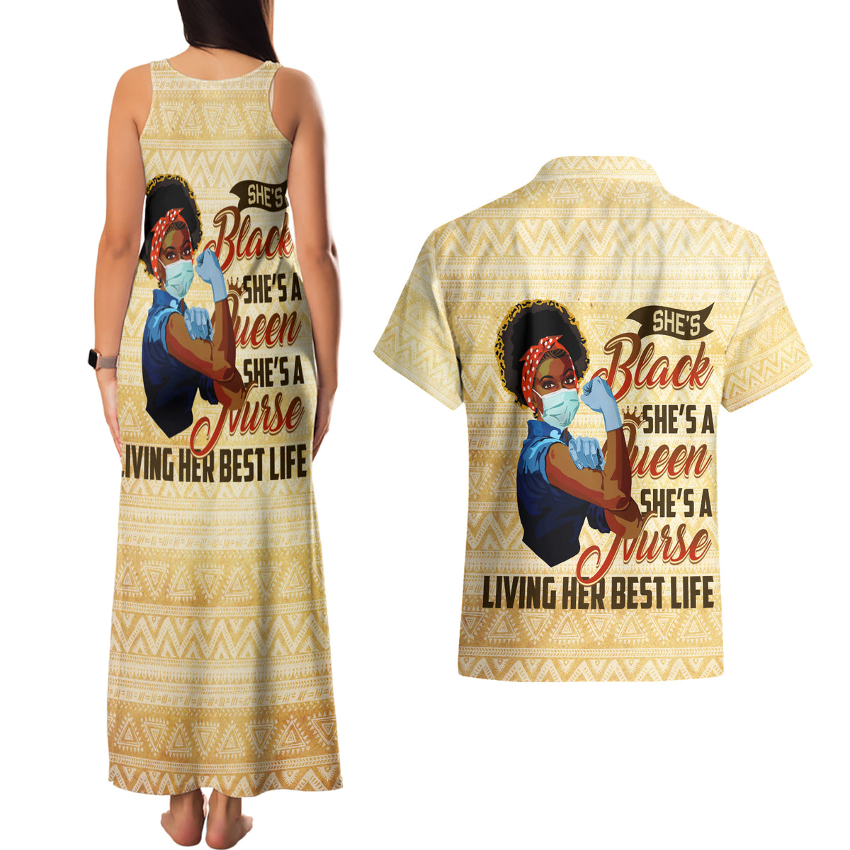 Afro Nurses Couples Matching Tank Maxi Dress and Hawaiian Shirt Black Queen African - Wonder Print Shop