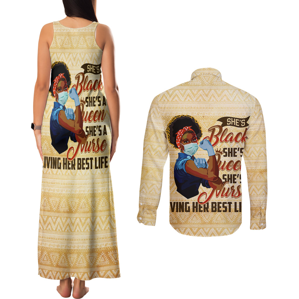 Afro Nurses Couples Matching Tank Maxi Dress and Long Sleeve Button Shirt Black Queen African - Wonder Print Shop