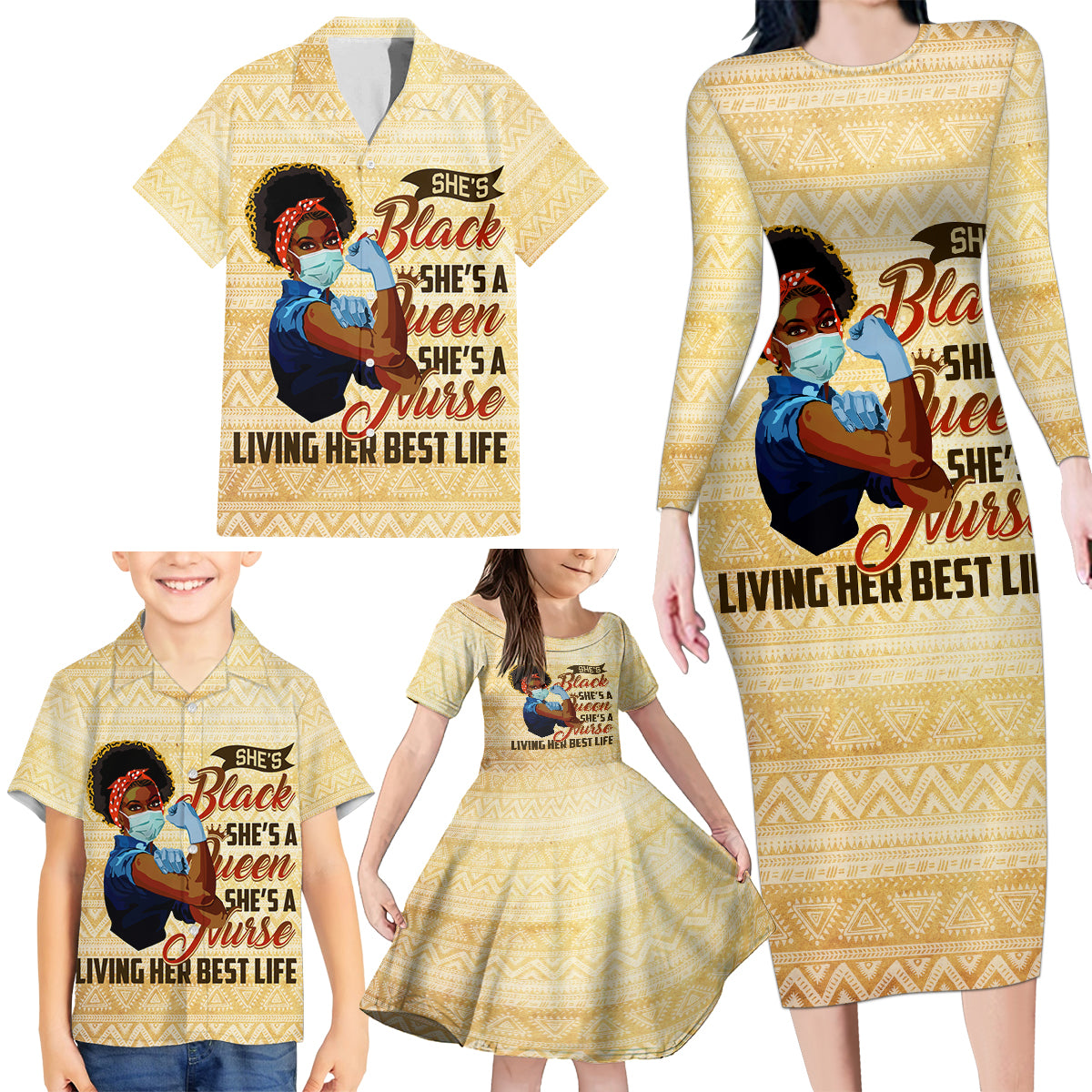 Afro Nurses Family Matching Long Sleeve Bodycon Dress and Hawaiian Shirt Black Queen African - Wonder Print Shop
