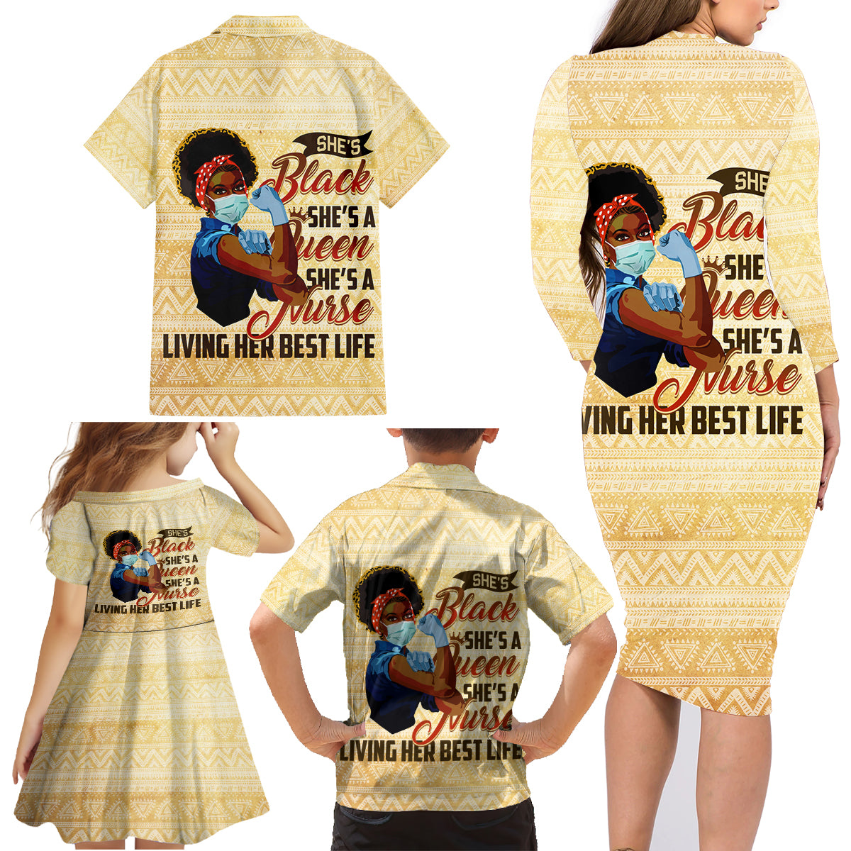 Afro Nurses Family Matching Long Sleeve Bodycon Dress and Hawaiian Shirt Black Queen African - Wonder Print Shop