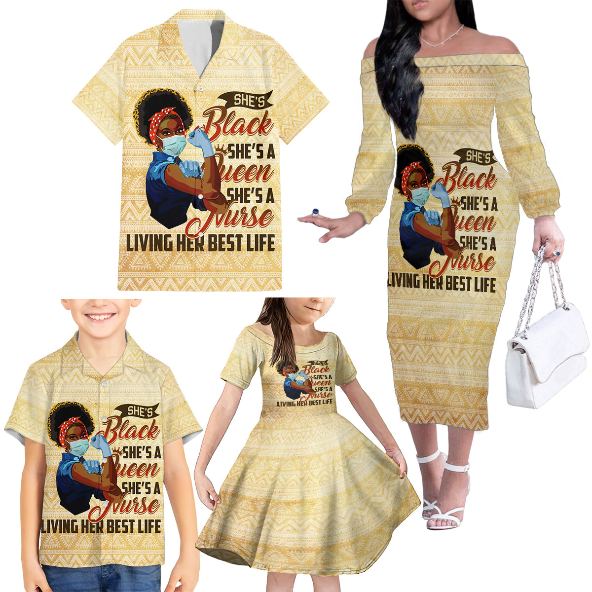 Afro Nurses Family Matching Off Shoulder Long Sleeve Dress and Hawaiian Shirt Black Queen African - Wonder Print Shop