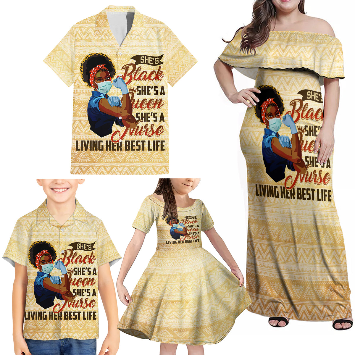 Afro Nurses Family Matching Off Shoulder Maxi Dress and Hawaiian Shirt Black Queen African - Wonder Print Shop