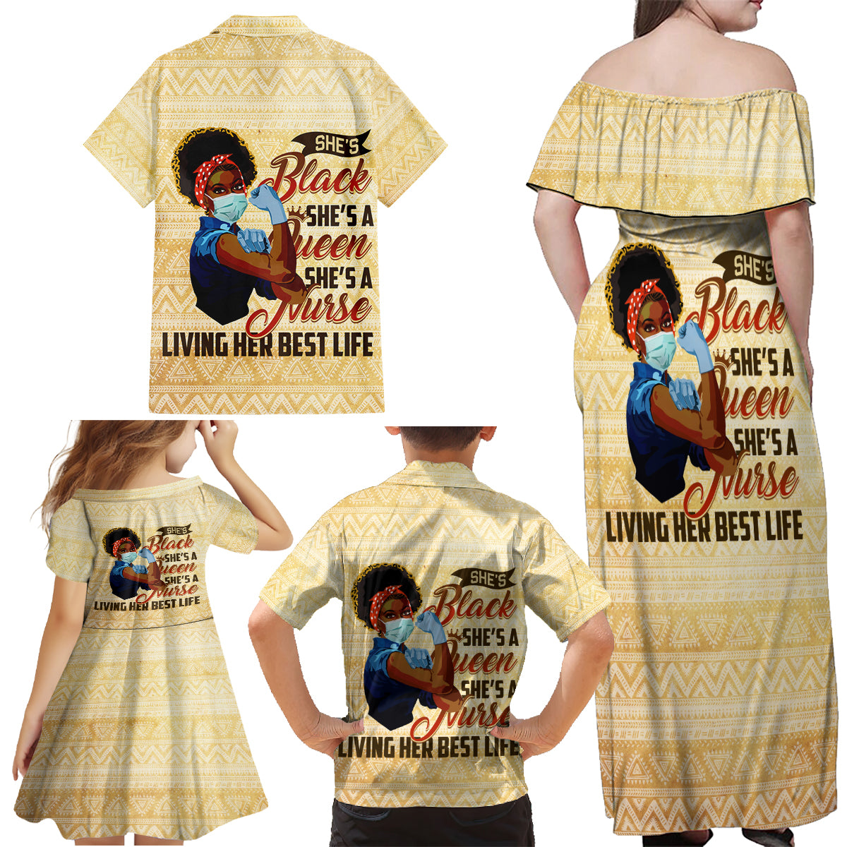 Afro Nurses Family Matching Off Shoulder Maxi Dress and Hawaiian Shirt Black Queen African - Wonder Print Shop