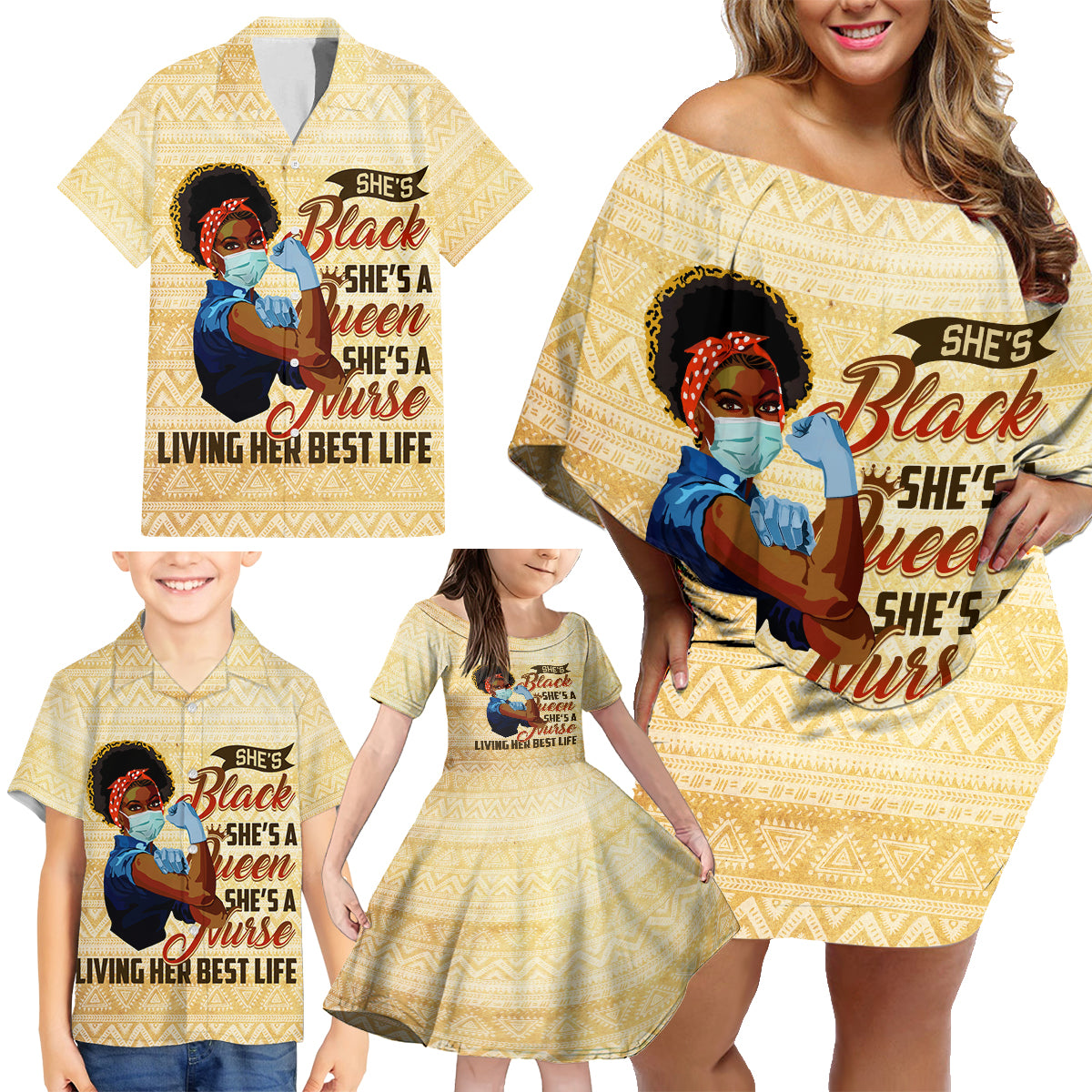 Afro Nurses Family Matching Off Shoulder Short Dress and Hawaiian Shirt Black Queen African - Wonder Print Shop