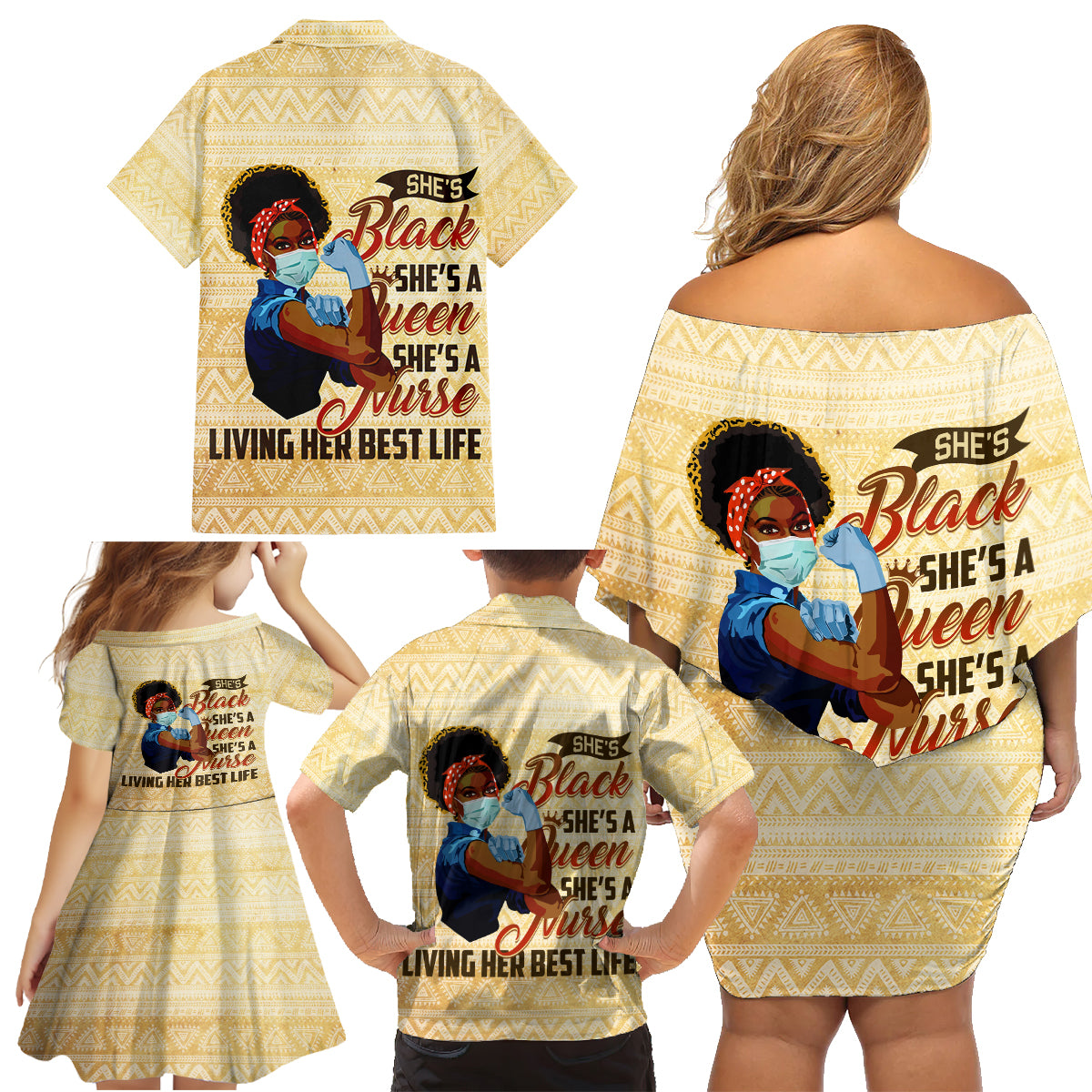 Afro Nurses Family Matching Off Shoulder Short Dress and Hawaiian Shirt Black Queen African - Wonder Print Shop