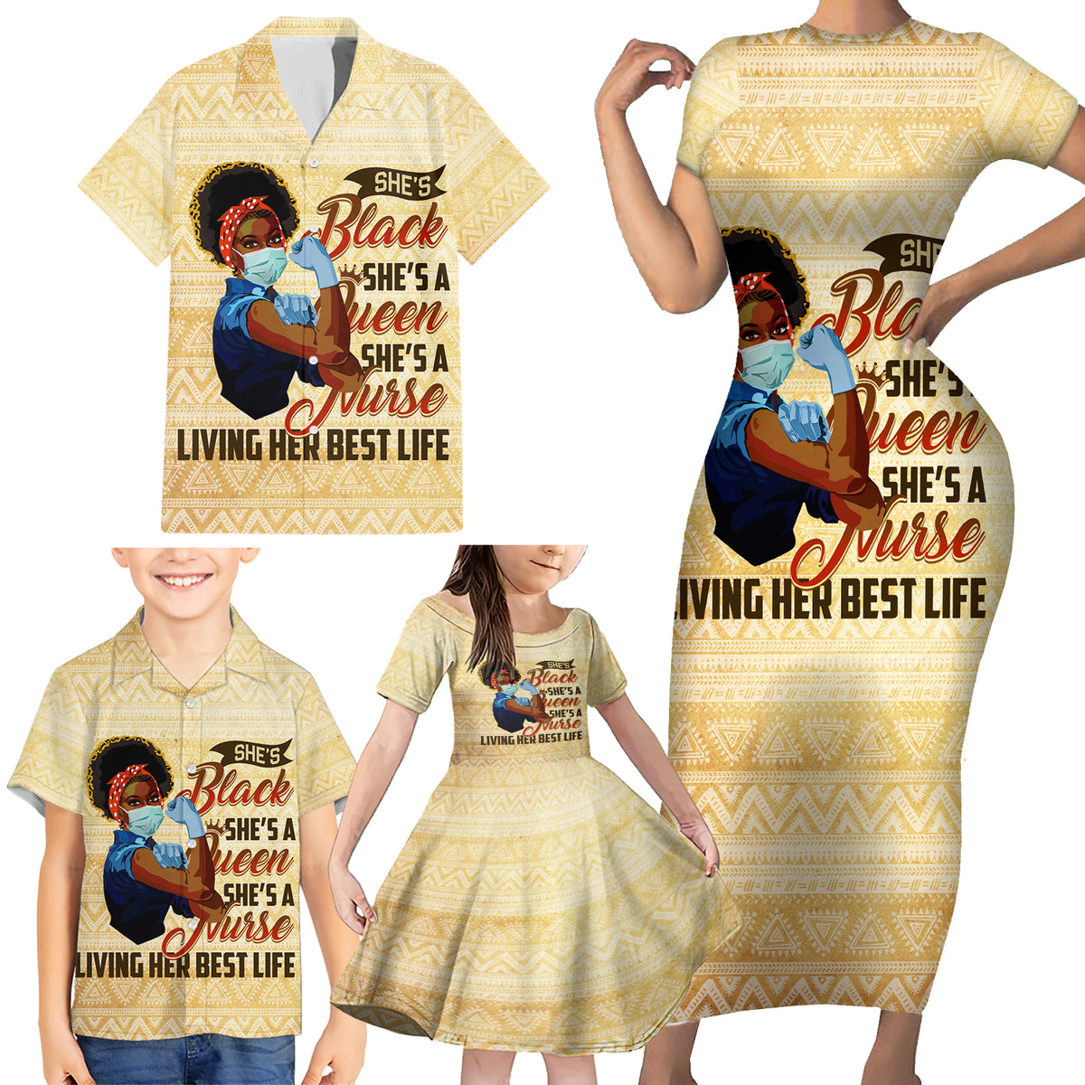 Afro Nurses Family Matching Short Sleeve Bodycon Dress and Hawaiian Shirt Black Queen African - Wonder Print Shop