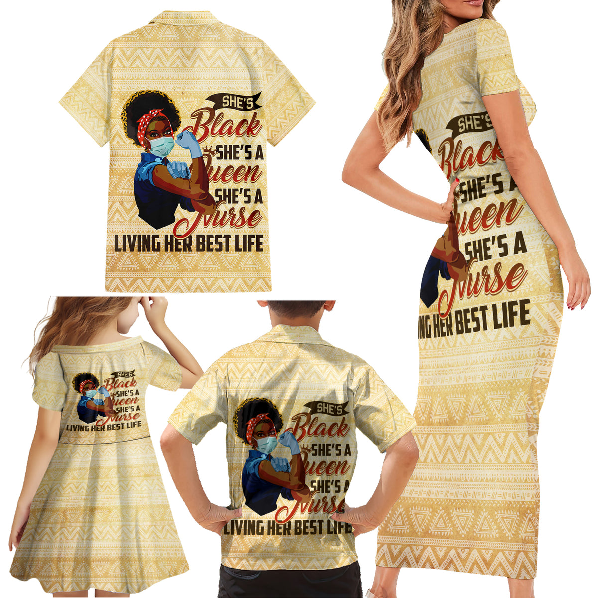 Afro Nurses Family Matching Short Sleeve Bodycon Dress and Hawaiian Shirt Black Queen African - Wonder Print Shop