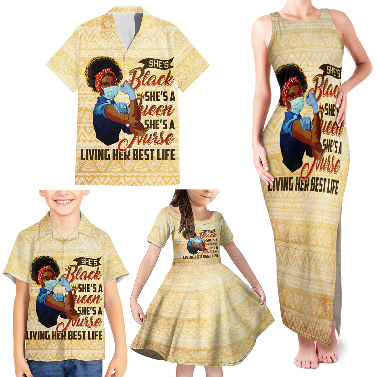 Afro Nurses Family Matching Tank Maxi Dress and Hawaiian Shirt Black Queen African - Wonder Print Shop