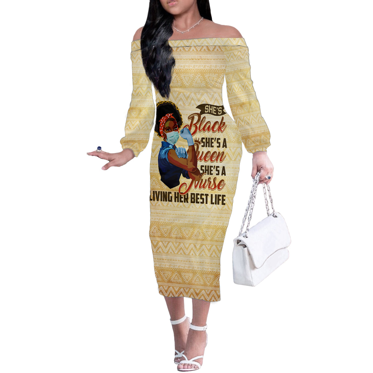Afro Nurses Off The Shoulder Long Sleeve Dress Black Queen African - Wonder Print Shop
