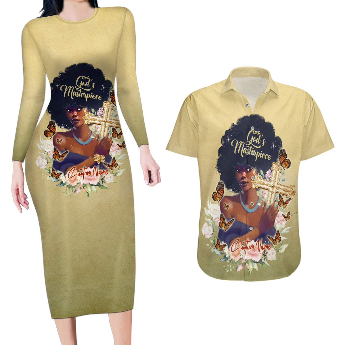 Personalized I Am God's Masterpiece Couples Matching Long Sleeve Bodycon Dress and Hawaiian Shirt African Women - Wonder Print Shop