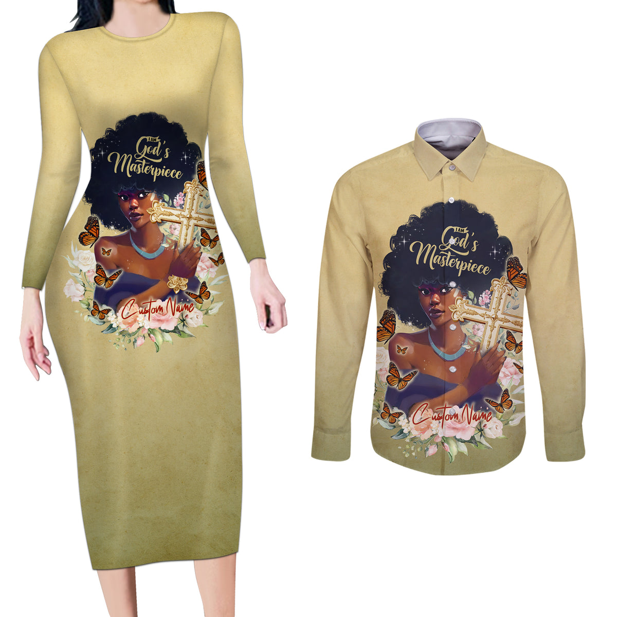 Personalized I Am God's Masterpiece Couples Matching Long Sleeve Bodycon Dress and Long Sleeve Button Shirt African Women - Wonder Print Shop