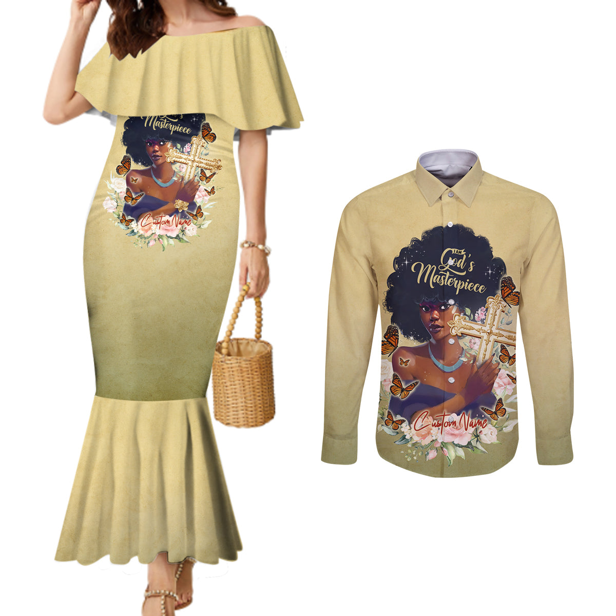 Personalized I Am God's Masterpiece Couples Matching Mermaid Dress and Long Sleeve Button Shirt African Women DT02