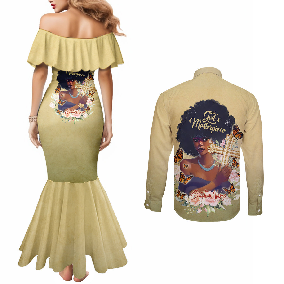 Personalized I Am God's Masterpiece Couples Matching Mermaid Dress and Long Sleeve Button Shirt African Women DT02