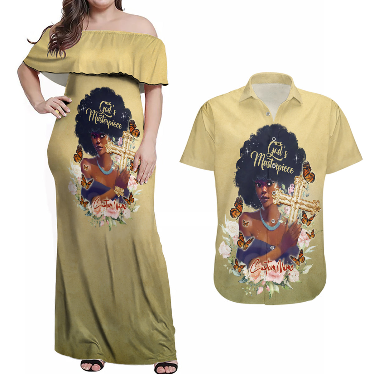 Personalized I Am God's Masterpiece Couples Matching Off Shoulder Maxi Dress and Hawaiian Shirt African Women - Wonder Print Shop