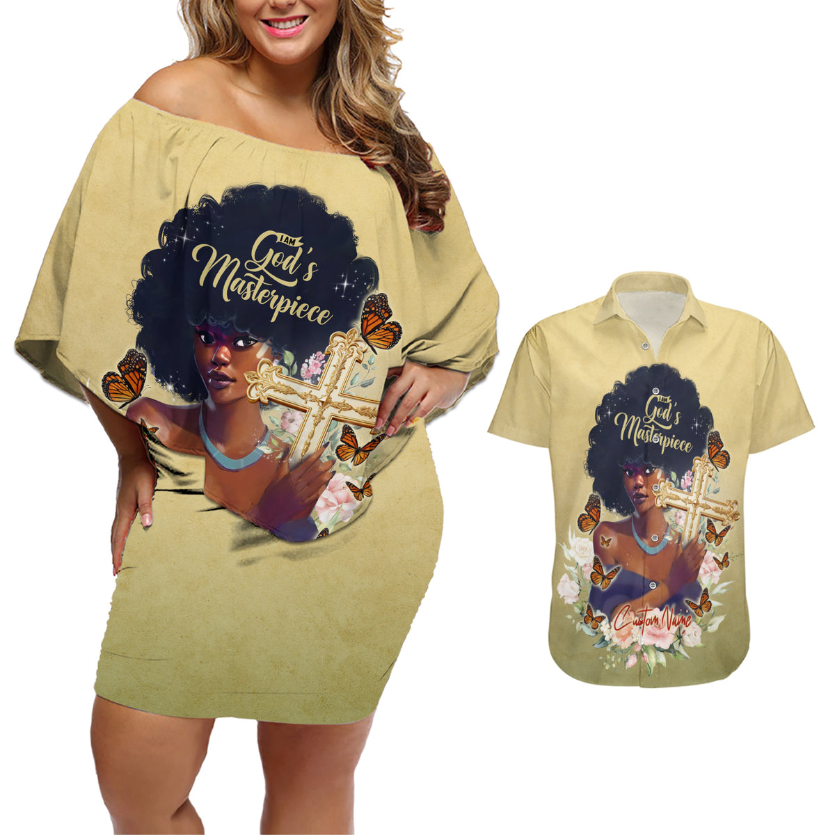 Personalized I Am God's Masterpiece Couples Matching Off Shoulder Short Dress and Hawaiian Shirt African Women - Wonder Print Shop