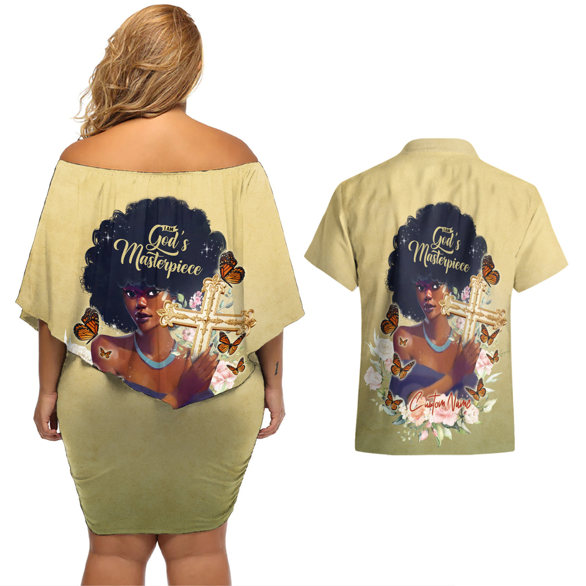 Personalized I Am God's Masterpiece Couples Matching Off Shoulder Short Dress and Hawaiian Shirt African Women - Wonder Print Shop