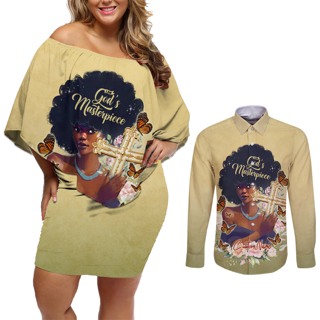 Personalized I Am God's Masterpiece Couples Matching Off Shoulder Short Dress and Long Sleeve Button Shirt African Women - Wonder Print Shop