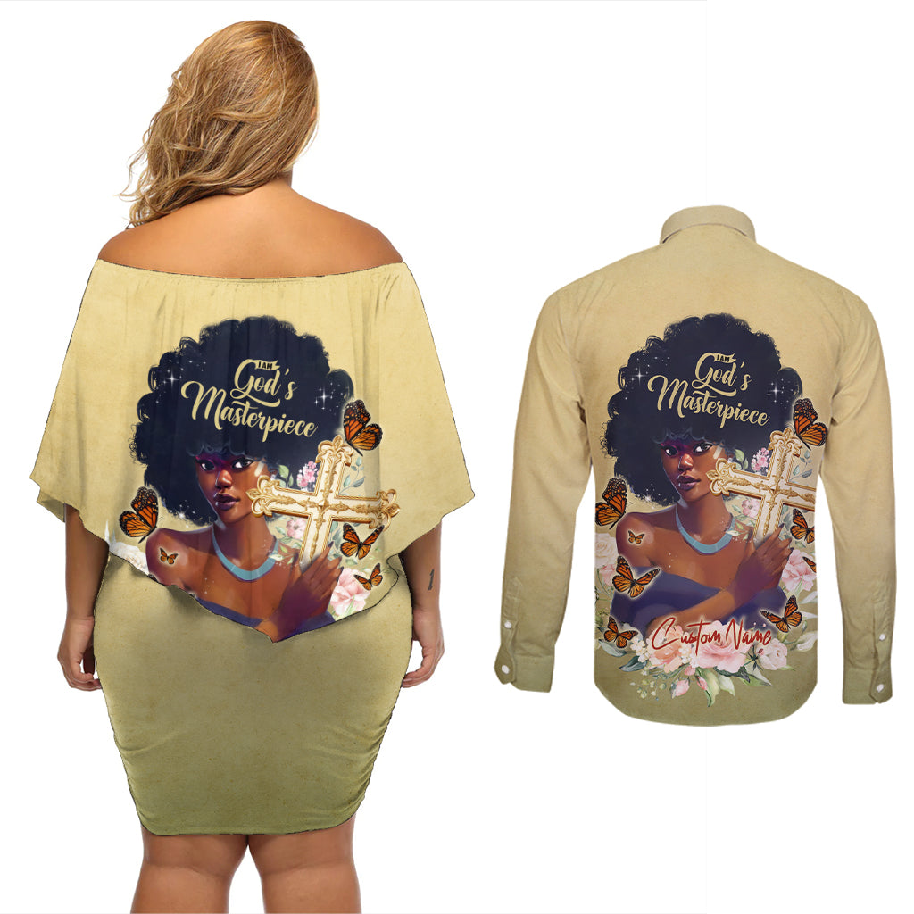 Personalized I Am God's Masterpiece Couples Matching Off Shoulder Short Dress and Long Sleeve Button Shirt African Women - Wonder Print Shop
