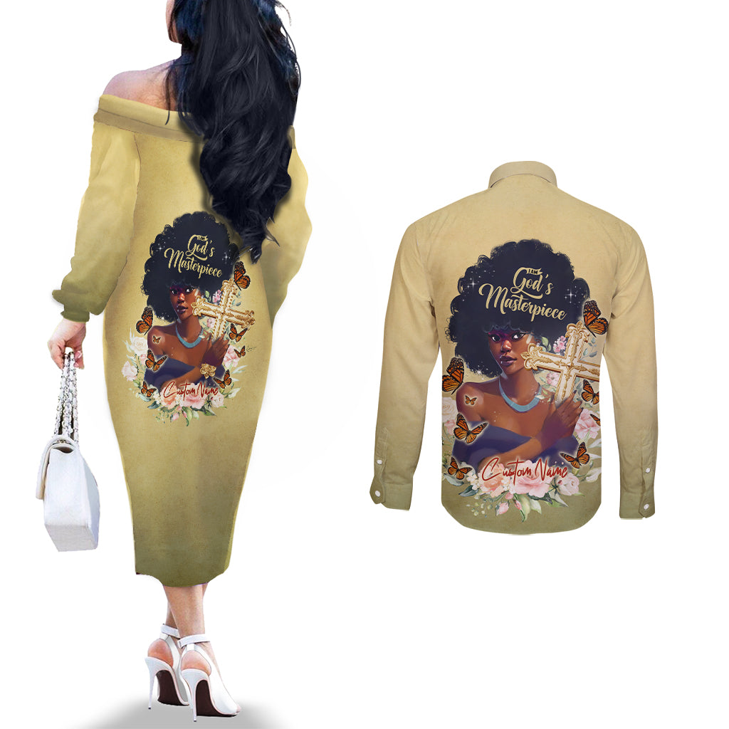 Personalized I Am God's Masterpiece Couples Matching Off The Shoulder Long Sleeve Dress and Long Sleeve Button Shirt African Women DT02