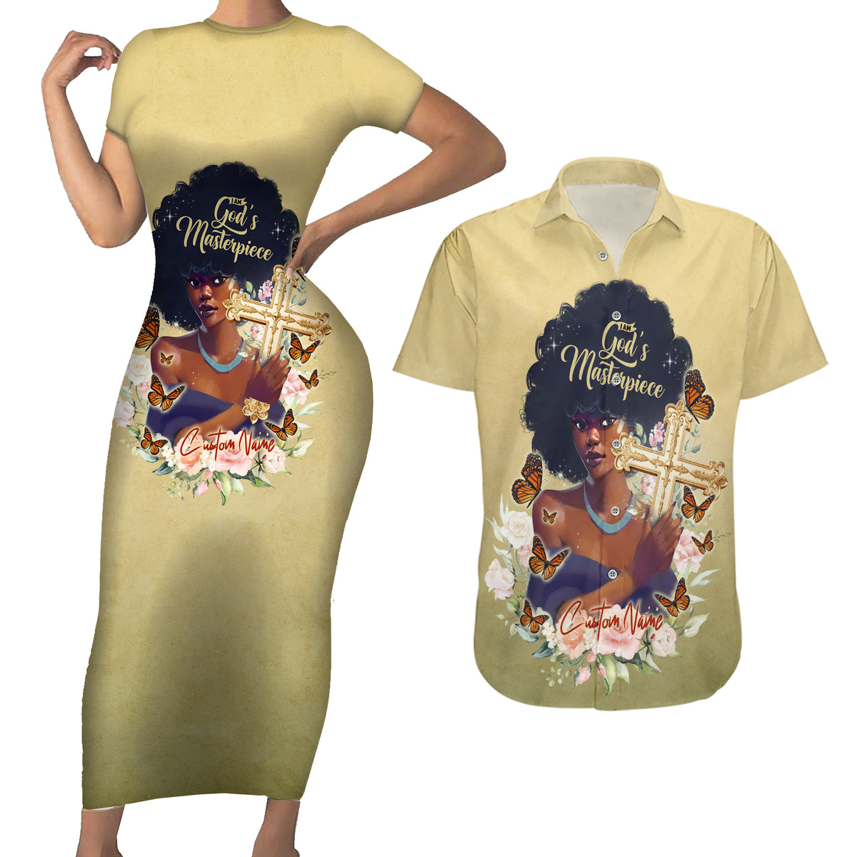 Personalized I Am God's Masterpiece Couples Matching Short Sleeve Bodycon Dress and Hawaiian Shirt African Women - Wonder Print Shop